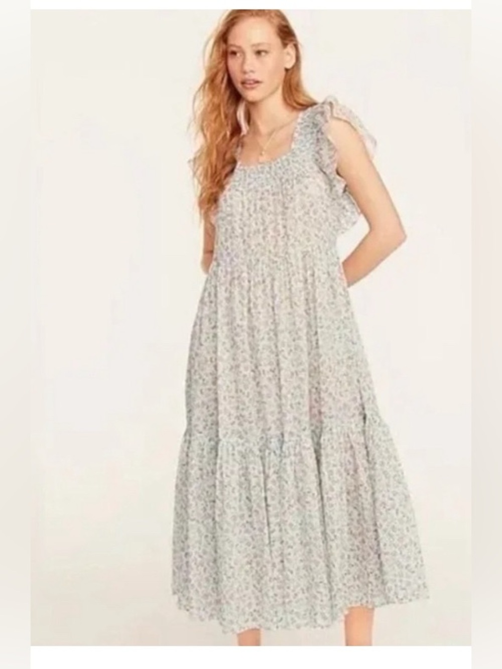 J. Crew Organic Cotton Smocked flutter-sleeve dress in cloud meadow floral S